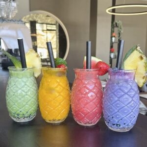 Colourful bubble tea topped with popping pearls at Hemisphere, West Bridgford.